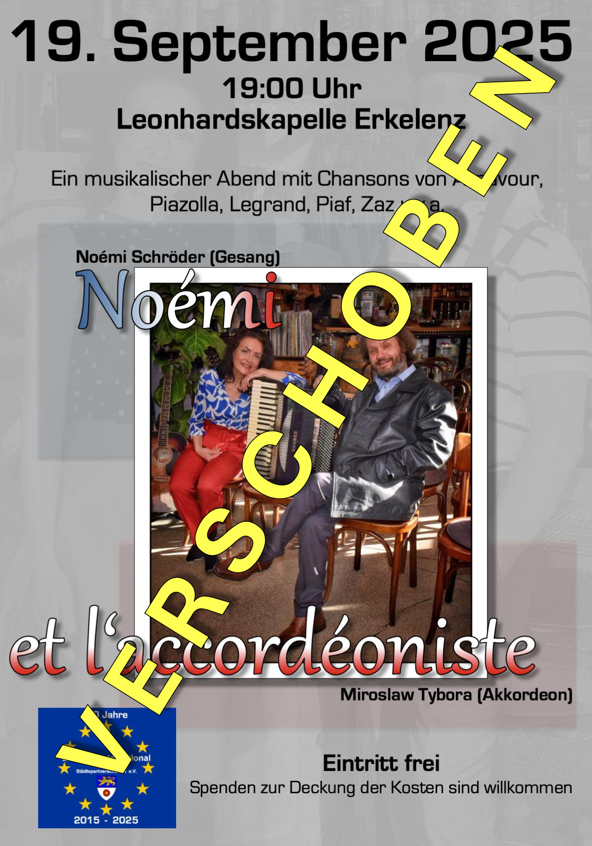 Der Chanson-Abend mit Noémi Schröder muss verschoben werden.